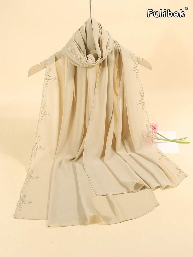 1pc New Elegant Women's Headscarf Shawl, Rhinestone Embroidered Lace Trim, Lightweight And Breathable, Suitable For All Seasons, Perfect For Parties, Evening Events And Various Occasions - Light Khaki - View 5
