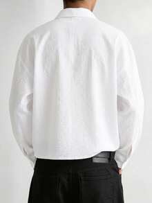 Camisa de manga larga con bolsillo en el pecho y textura blanca para hombres GloMan, transpirable para vacaciones en la playa, calle, uso casual diario, salidas, para padre/esposo - Blanco - Ver 4