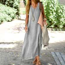 Ropa de mujer de talla grande, vestidos de estilo europeo y americano, vestidos de verano en color lino-algodón, elegantes y ajustados. - azul claro - Ver 8