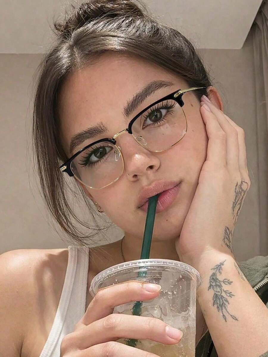 1 Pair Square Metal Frame Non-Prescription Glasses For Men And Women, High-Quality Craftsmanship, Elegant And Sophisticated, Sexy And Fashionable, Versatile And Timeless, Suitable For Daily Commute, Campus, Reading, Office - Multicolor - View 1