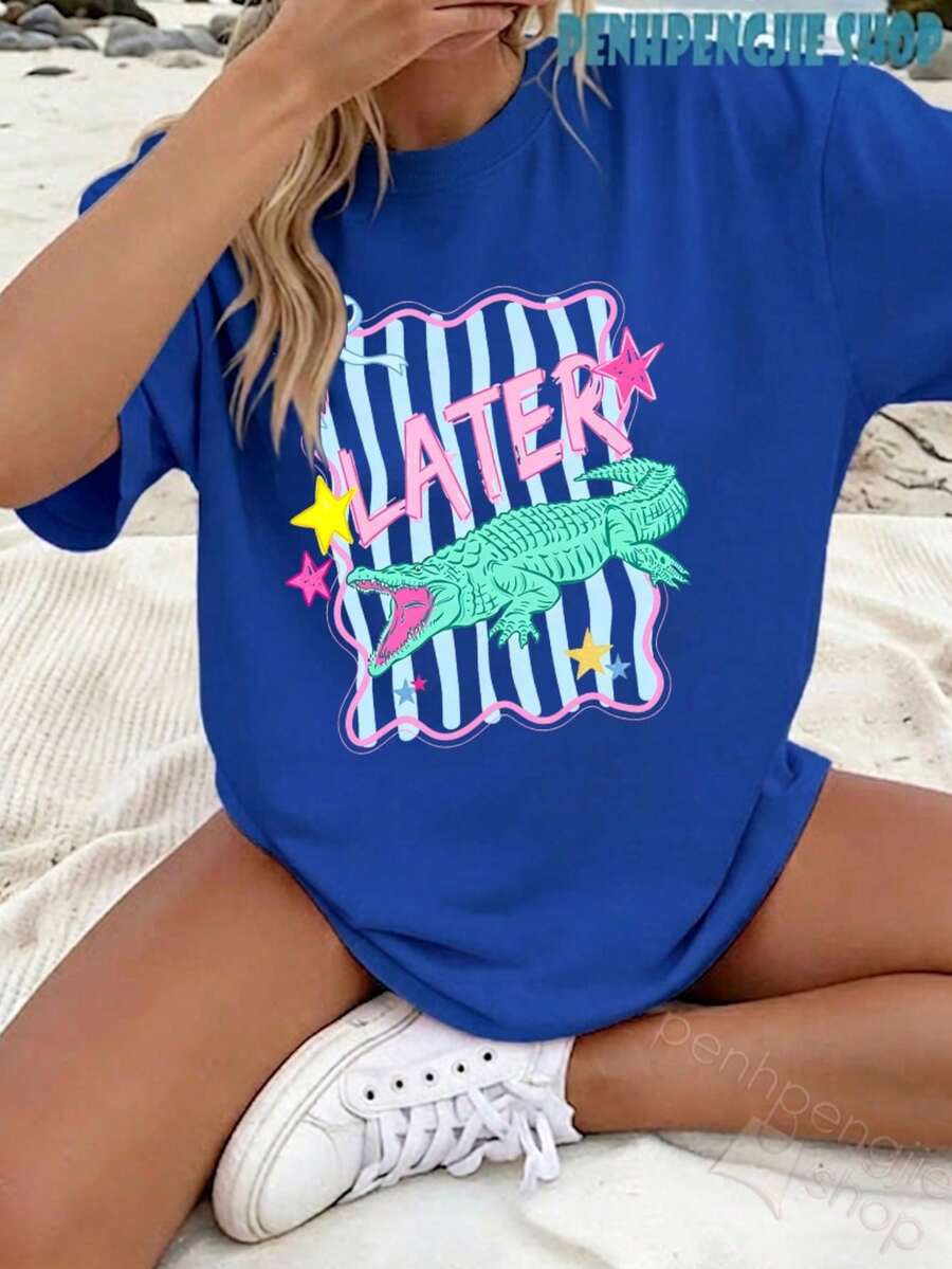 Women's Later Gator Funny Pun Cute Crocodile Casual Oversized Graphic Tee, Last Day Of School, 4th Of July, Vacation, Summer Tops, Teacher Outfits - 摩卡棕 - 查看 1