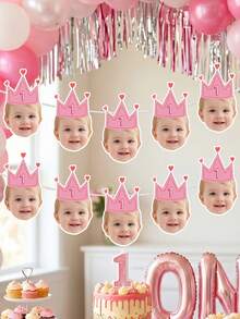 8/12/16pcs Custom Kid Photo And Text 1st Birthday Banner, Pink Blue Beige Crown Number Photo Banner, Customizable Kids First Birthday Party Banner - Multicolor - View 2