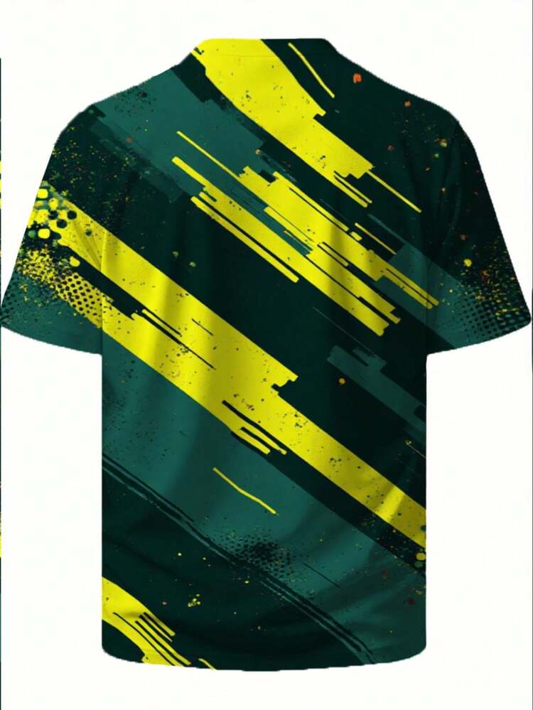 Men's Contemporary Style Crew Neck T-Shirt - High Contrast Abstract Design With Angular Lines, Mid-Tone Details And Distressed Texture, Vibrant Print - 黑色 - 查看 3