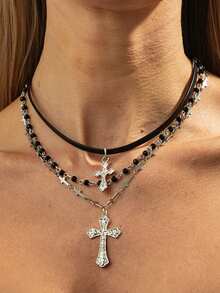 1pc Personalized Vintage Cross Multi-Layer Beaded Multi-Color Pendant Necklace, Suitable For Women's Daily, Party, Holiday, Vacation Wear - Multicolor - View 21