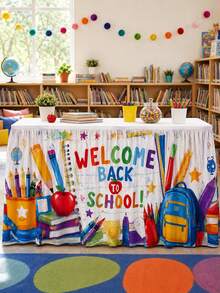 1pc Welcome Back To School Table Skirt, Colorful Polyester Rectangular Pleated Tablecloth With Pencil, Apple, Book And Backpack Print, Classroom Party Table Decor, Suitable For Teacher Welcome, First Day Of School And School Events - Multicolor - View 9