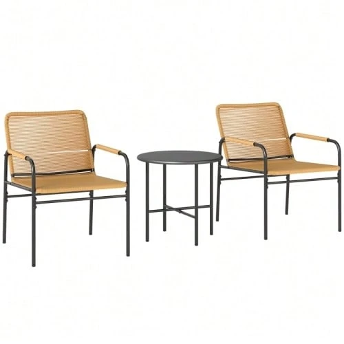 3-Piece Rattan Bistro Set, Garden Furniture With 2 Chairs, Coffee Table, Balcony Or Terrace Furniture, Steel, Yellow - 芥末黃 - 查看 1