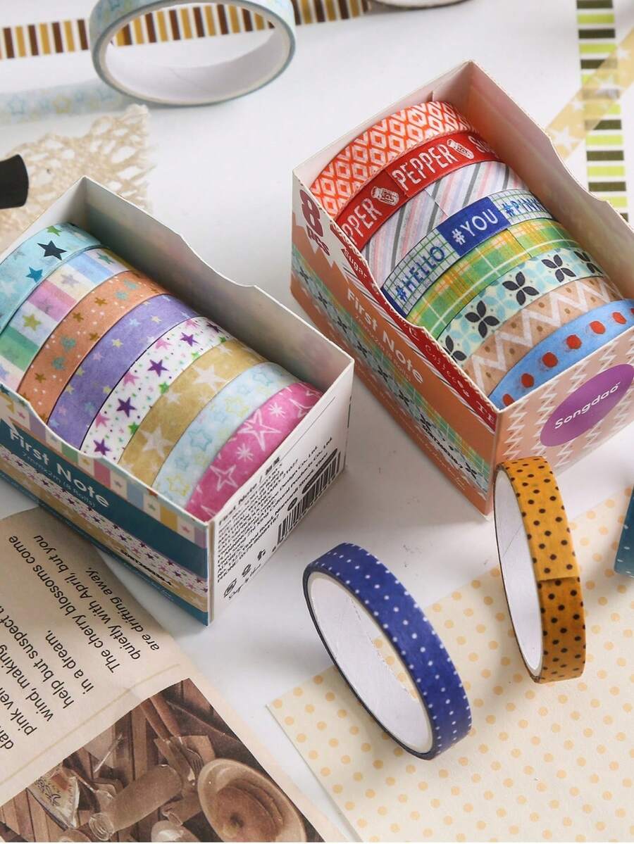 8 rollos de cinta washi con lunares, corazones y flores, cinta decorativa rasgable a mano, perfecta para collages de diarios manuales, envolver regalos, hacer tarjetas y scrapbooking - Multicolor - Ver 1