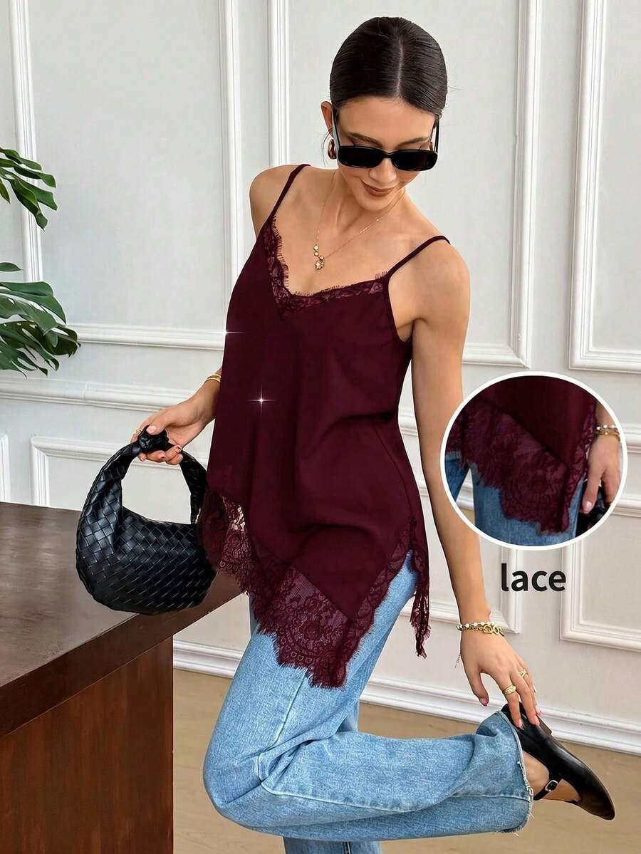 Elegant Women's Summer Camisole In Solid Color With Lace Patchwork And Side Slit - Apricot - View 1