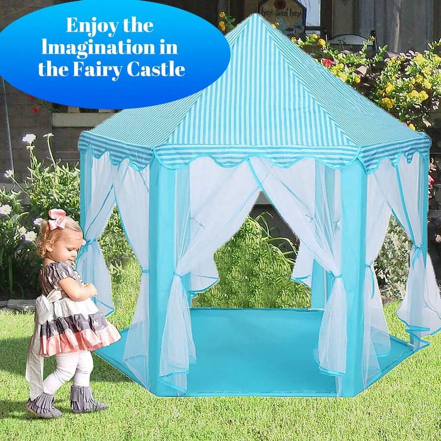Kids Play Tent Princess Castle, Outdoor Indoor Playhouse With Star String Lights, Portable Castle Tent For Girls Gift, Pink/Blue, Easy Assembly - LJSW-blue - View 1