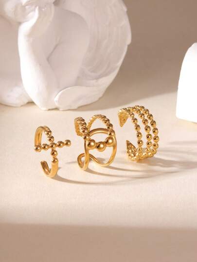 GEREIT 3pcs Summer Minimalist Fashion 18K Gold Plated Stainless Steel Round Bead Cross Open Ring Set, Suitable For Women's Daily Wear And Dating