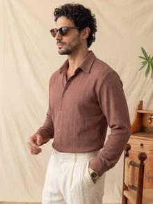 glestore Men's Retro-Style Casual Knit Textured Solid-Color Button-Down Long-Sleeve Shirt-Casual, Comfortable, And Versatile For All Seasons - Brown - View 3