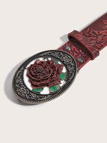 1pc Men's Belt, Fashionable Western Style Rose Flower Buckle, Red PU Embossed Strap, Suitable For Jeans Decoration Accessory - A - View 4