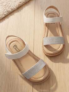 1 Pair Girls' Cream White Glitter Simple Princess Sandals, With Adjustable Hook And Loop Ankle Strap, Non-Slip Flat Sole, Breathable Open Toe Lightweight Summer Shoes, Suitable For Toddlers.Kids Daily.School.Party.Travel.Home.Outdoor Children's Shoes - Silver - View 5