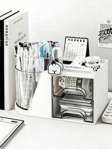 Large Capacity Transparent Rotating Pen Holder With Drawer, Desktop Stationery Storage Box, Rotating Storage Box, Desktop Drawer-Style Storage Rack, Large Capacity Office Supplies Storage Box, Pen Holder, Workstation Accountant Manual/Folder Storage Rack - Multicolor - View 1