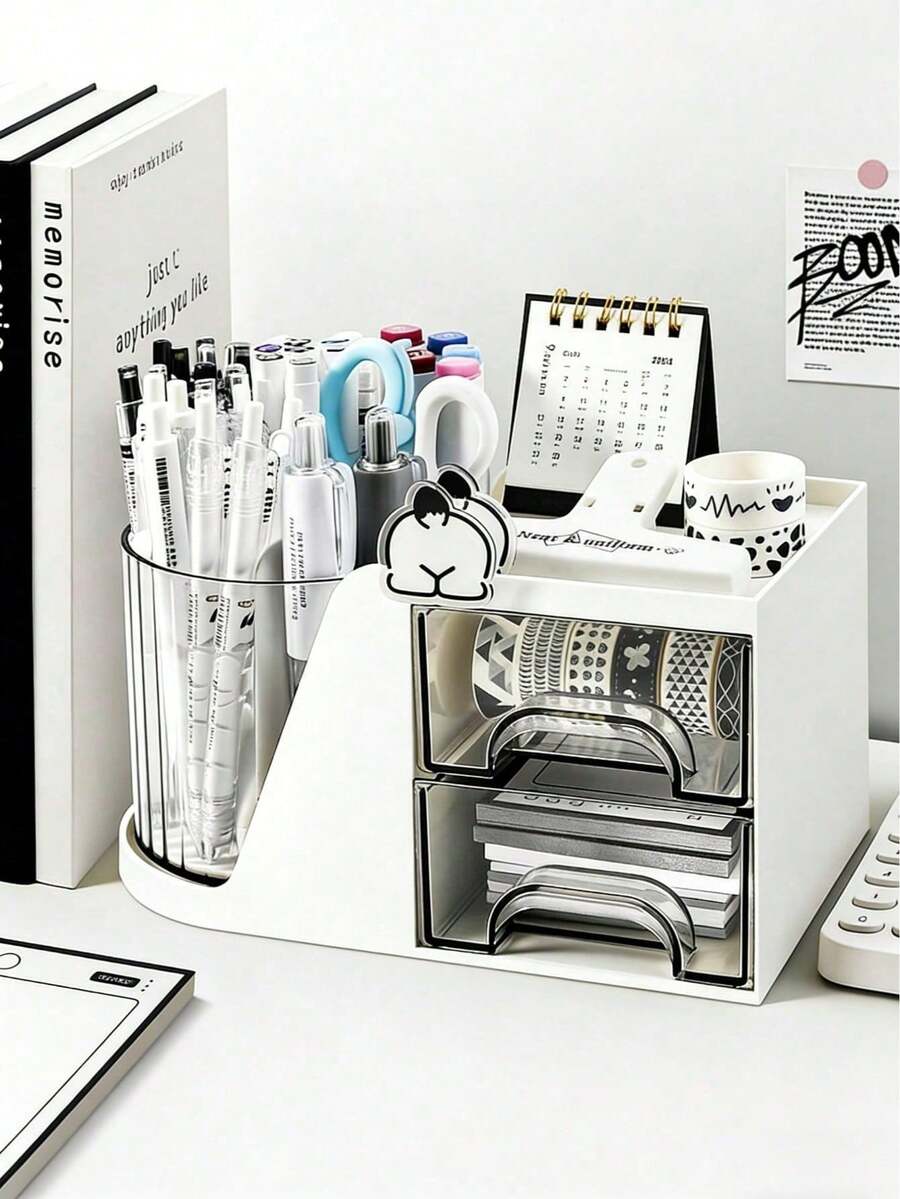 Large Capacity Transparent Rotating Pen Holder With Drawer, Desktop Stationery Storage Box, Rotating Storage Box, Desktop Drawer-Style Storage Rack, Large Capacity Office Supplies Storage Box, Pen Holder, Workstation Accountant Manual/Folder Storage Rack - Multicolor - View 1