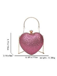 1 Buah Tas Clutch Malam Bentuk Hati Berkilau dengan Gesper Cincin Berlian Imitasi dan Tali Rantai Logam Tipis, Tas Selempang Pesta Pernikahan Gaya Gadis Manis dan Keren #HeartShapeEveningClutch #GlitterMiniBag #RhinestoneRingClasp #PartyCrossbodyPurse - Berwarna merah muda - View 3