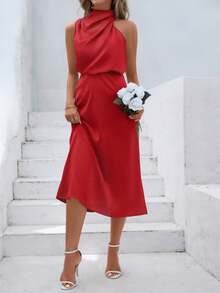 Women's Sleeveless Satin Midi Dress, European And American Plus Size Fashion, Elegant And Versatile Design, Summer Party Evening Dress - 紅色 - 查看 1