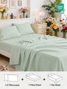 HONEYMOON 3/4件套純色床單套組（3件套 = 1件床墊套 + 1件平鋪床單 + 1件枕套，4件套 = 1件床墊套 + 1件平鋪床單 + 2件枕套）100%聚酯纖維面料，Ins風格，適用9-12英吋深口袋，抗縮水，可機洗，適合多種尺寸，四季通用，居家與學校宿舍使用，返校必備，Oeko-Tex認證，淺綠色 - 嫩綠色 - 查看 2