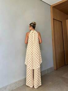 Women's Summer Casual Retro Polka Dot Apricot Halter Neck Sleeveless Top And Wide Leg Pants 2-Piece Set, Holiday Beach Outfit - Apricot - View 2