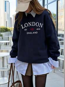 Sudadera de mujer de estilo versátil y de moda con cuello redondo, inspirada en el estilo Ins, con estampado en inglés de bloques de color, para otoño/invierno y primavera - Azul marino - Ver 1