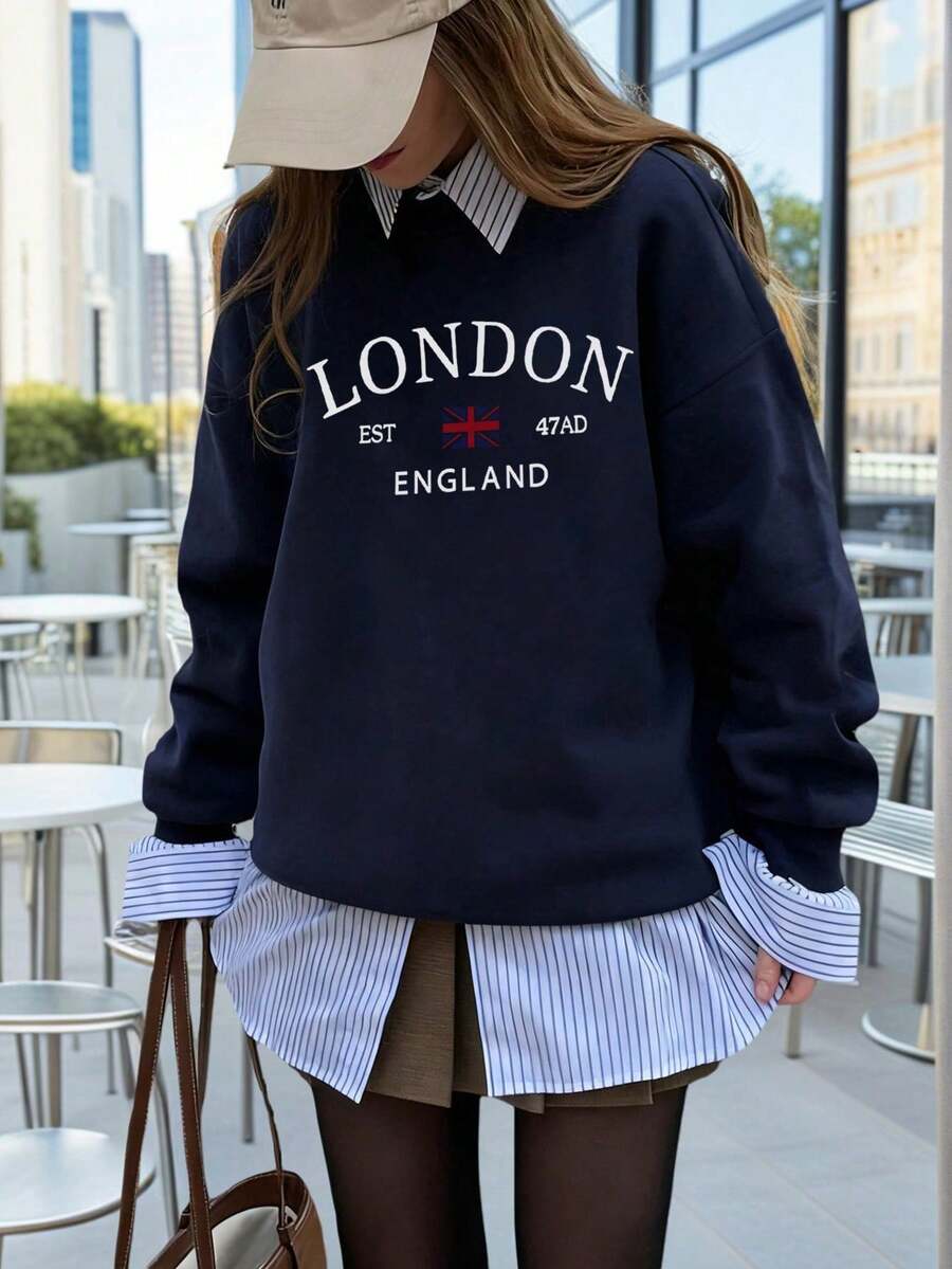 Sudadera de mujer de estilo versátil y de moda con cuello redondo, inspirada en el estilo Ins, con estampado en inglés de bloques de color, para otoño/invierno y primavera - Azul marino - Ver 1
