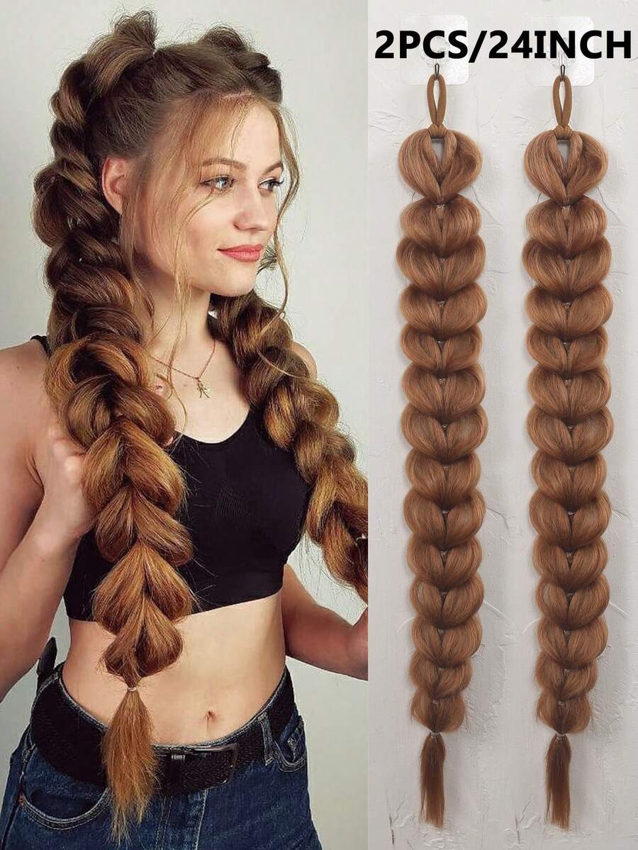 2pcs/Set Colorful/Gradient Braided Ponytail Hair Extensions With Elastic Hair Band, 24 Inch Synthetic Fiber Braided Ponytail Hair Extensions, Suitable For Women And Girls' Holiday Party Ponytail Hair Extensions, Fun Colorful Braided Hair Accessories, Suitable For Daily Wear