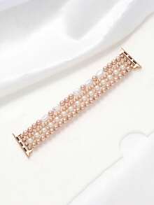 Beaded Bracelet, Compatible With Apple Watch Bands 41mm 40mm 38mm 42mm 44mm 45mm 49mm, Women's Version, Golden Beads, Handmade Elastic Strap, Suitable For Series SE 9 8 7 6 5 4 3 2 1, Couple Gift, Golden Bracelet Set - Rose Gold Pearl White - View 3