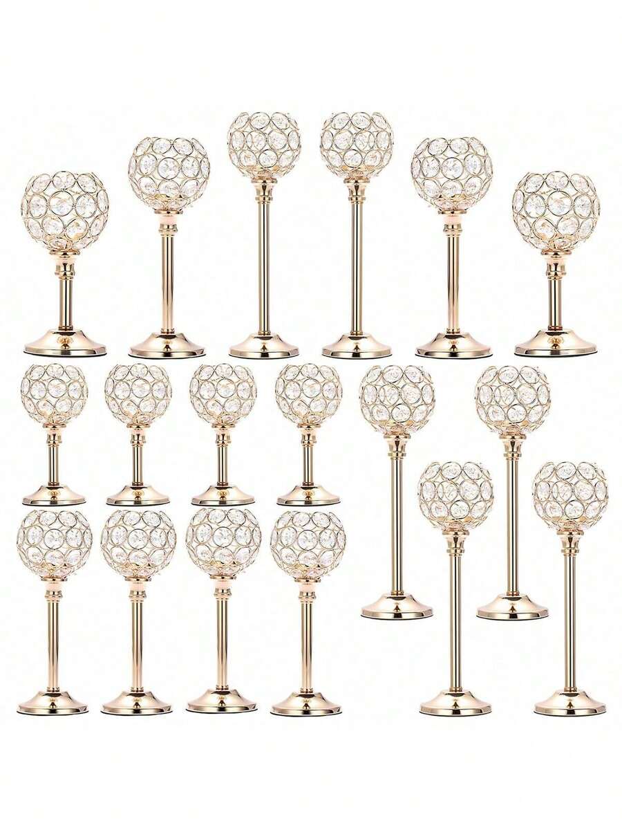 Set Of 3 Gold Crystal Bowl Candlestick Holders Metal Crystal Tealight Candelabras, Tall Crystal Votive Candlesticks Elegant Crystal Candle Stand For Dining Table Centerpiece Wedding Candle Decor,Room Decor,Gifts Birthday Graduation - 彩色 - 查看 1