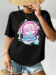 Camiseta casual de mujer con estampado gráfico de laboratorio científico, 100% algodón, estampado gráfico único, estilo urbano hip-hop, transpirable. - Negro - Ver 2