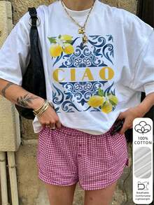 Maglietta da donna estiva CIAO con stampa di piastrelle mediterranee al limone, vestibilità ampia, 100% cotone, stile costiero italiano, bianca - Bianco - Visualizzare 2