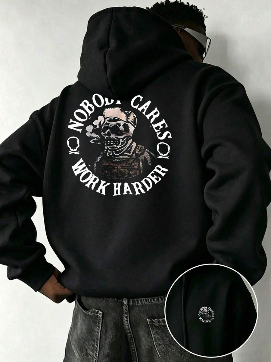 1pc Men's Plus Size Graphic Print Hoodie, Suitable For Casual Outings And Street Wear, Autumn/Winter Sweatshirt - Black - View 1