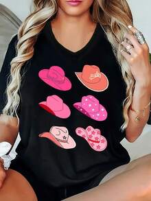 Camiseta Premium de Talla Grande con Cuello en V, Diseño Estampado Versátil, Corte Holgado de Manga Corta con Tela Ligeramente Elástica, Estampado Moderno Estilo INS, Ecológica. - Negro - Ver 1