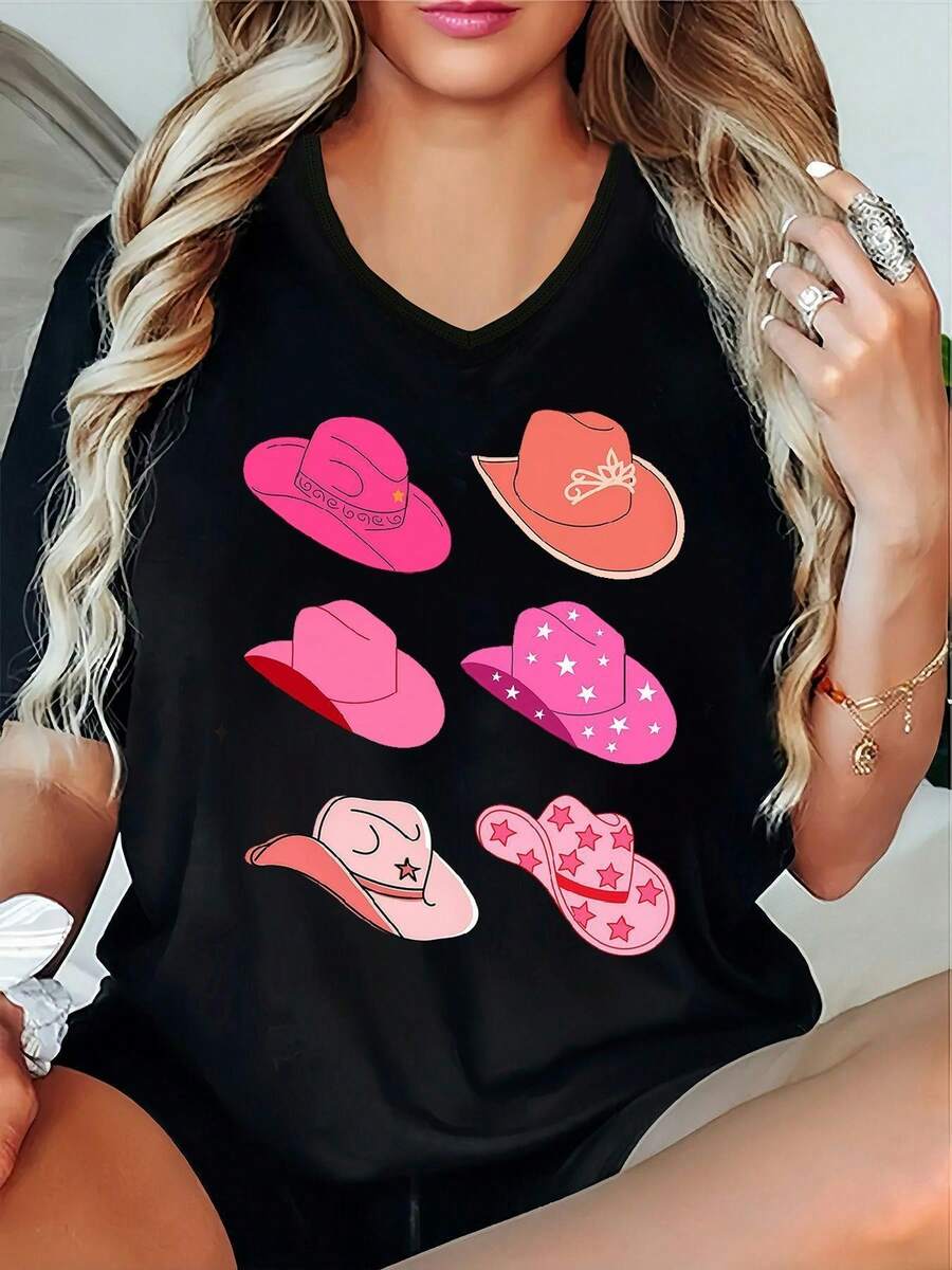 Camiseta Premium de Talla Grande con Cuello en V, Diseño Estampado Versátil, Corte Holgado de Manga Corta con Tela Ligeramente Elástica, Estampado Moderno Estilo INS, Ecológica. - Negro - Ver 1