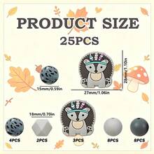 25PCS Hedgehog Series Silicone Beads Set Yellow Grey Blue Brown Cute Hedgehog Design Multi-Color Round Beads Suitable For DIY Jewelry Making Pen - 25pcs Hedgehog Silicone Set - View 11