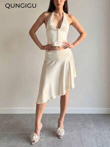 QUNGIGU Women's Casual Satin Skirt With Asymmetrical Hem, Elegant Summer Outfit, Suitable For Dating, Outings And Daily Wear - Apricot - View 3
