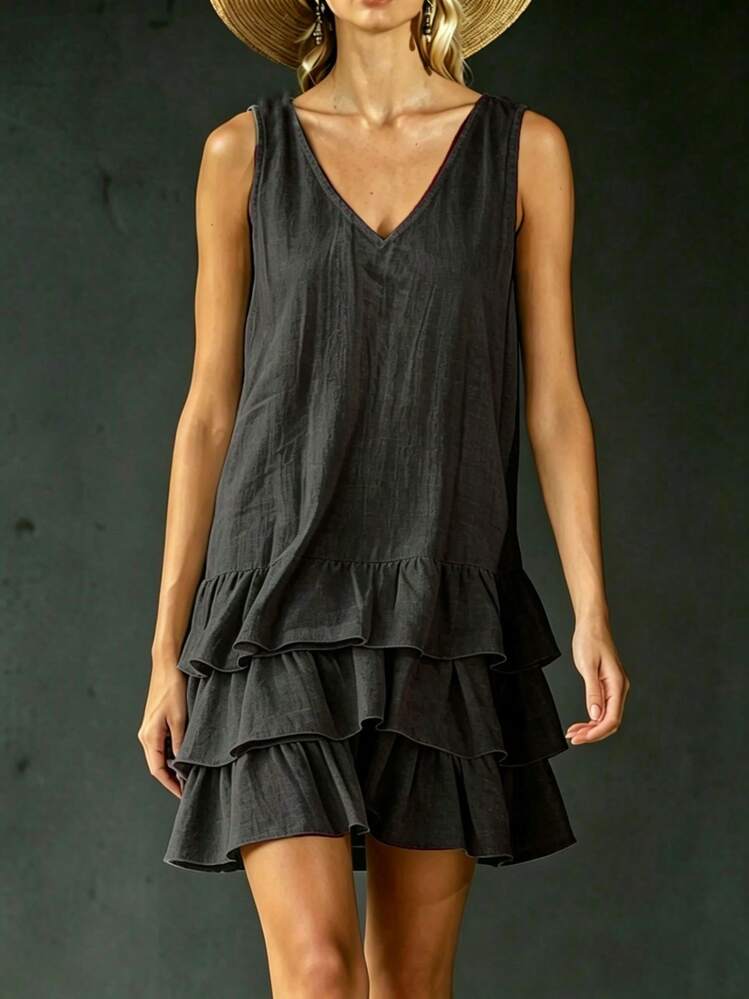 New Women's Summer Linen Dress With V-Neck, Fashionable Patchwork Sleeveless Dress. - 黑色 - 查看 1