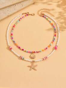 piezas de collar con colgante de concha y cuentas de colores estilo bohemio, collar de doble capa para niñas, ideal para vacaciones en la playa, colocacióde cuentas en colores aleatorios - Multicolor 2 - Ver 1