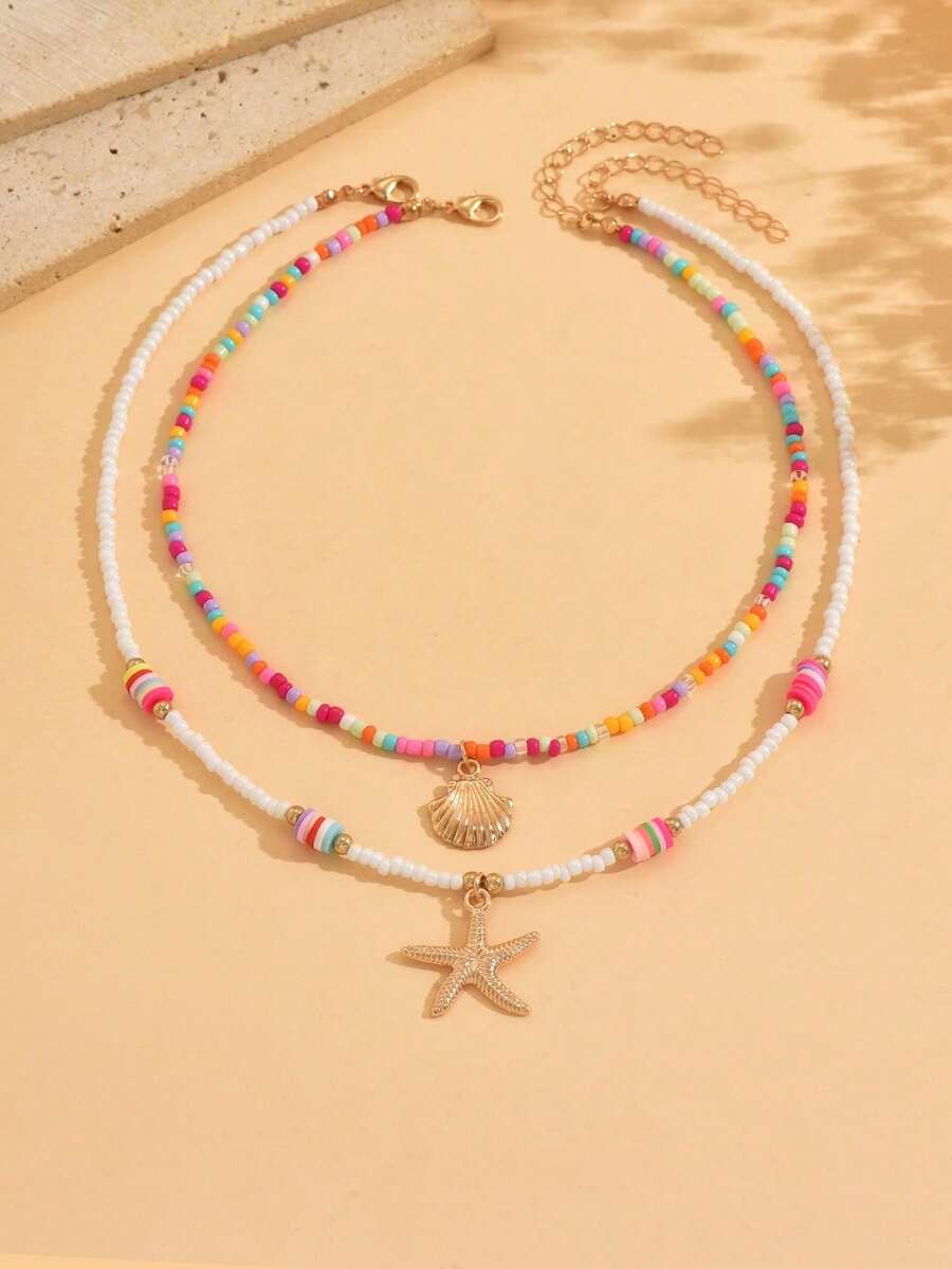 piezas de collar con colgante de concha y cuentas de colores estilo bohemio, collar de doble capa para niñas, ideal para vacaciones en la playa, colocacióde cuentas en colores aleatorios - Multicolor 2 - Ver 1