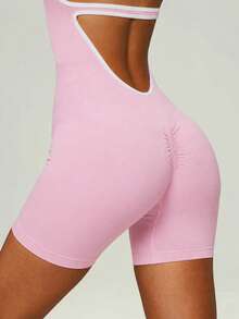 UONNOU Halter Neck Open Back Romper For Women, Contrast Trim Tummy Control Slim Sports Bodysuit - Pink - View 5
