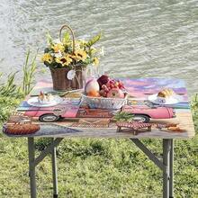 1pc Framed Elastic Tablecloth - Fashionable Pink Travel Car Pattern, Durable Polyester Rectangular Tablecloth, Suitable For Outdoor Camping, Family Picnic, Indoor And Outdoor Use, Lightweight And Machine Washable, Indoor Tablecloth | Vintage Tablecloth | Easy To Clean - A - View 5