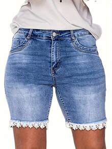 Women's Lace Denim Shorts With Brushed Hem And Mid-Rise Waist - 藍天 - 查看 3