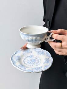 1套綠色/粉色/藍色陶瓷咖啡杯碟組，法式Ins風居家女性咖啡杯碟，壓花蕾絲邊精緻馬克杯，適用於各種咖啡、牛奶，適合款待客賓/親友，精美送禮首選 - 彩色 - 查看 7
