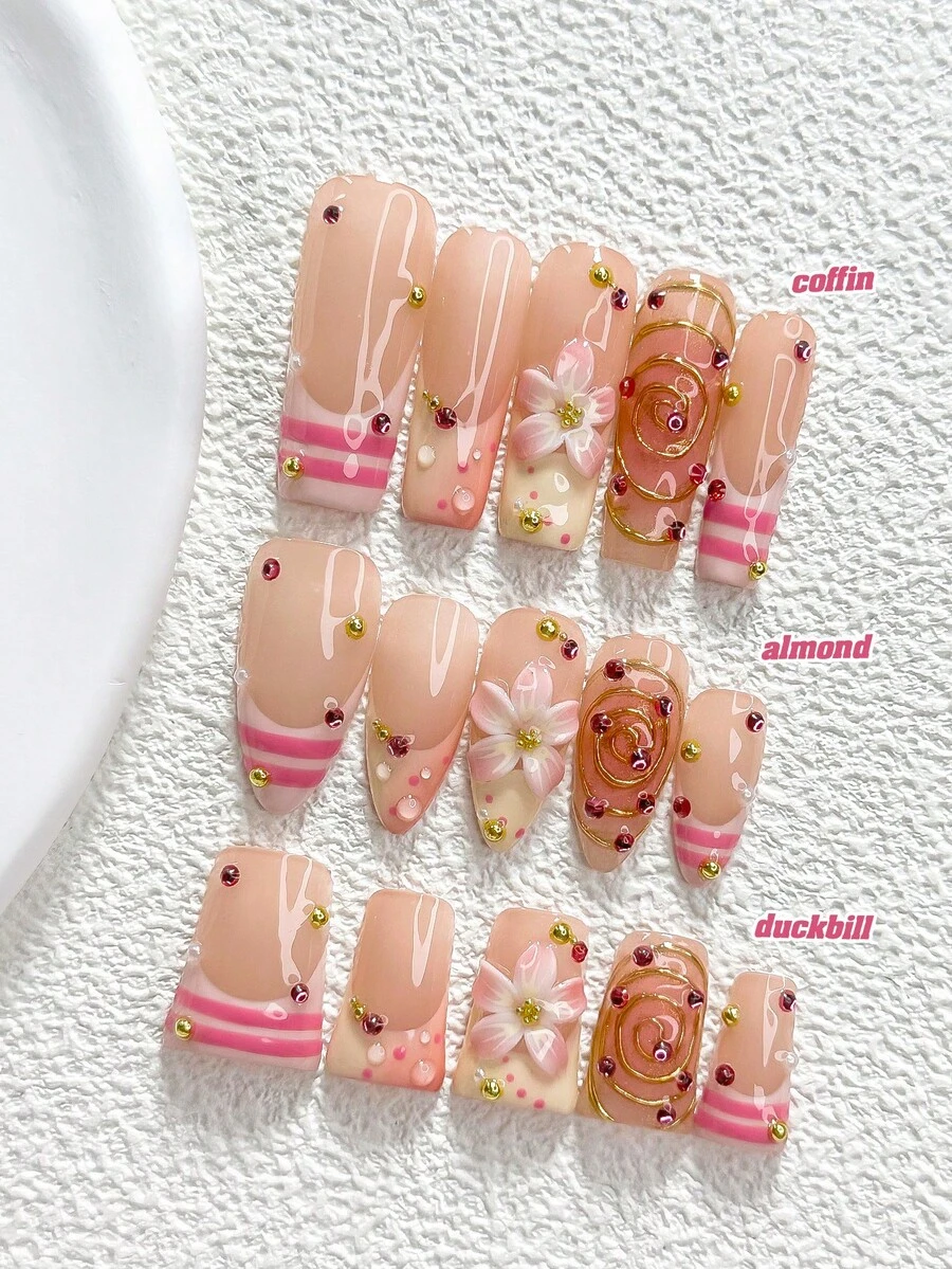 10pcs Korean Sweet Handmade Press-On Nails, Polygel Nail Art Set, Pink Five-Petal Flower, Stripes, Round Rhinestones, Pink Nail Polish, Minimalist Style, Includes Nail Tools, 3 Sizes Available, Almond/Duck/Coffin Shape, Suitable For Party, Dancing, Daily Wear - 彩色 - 查看 1