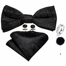 5Pcs Black Paisley Jacquard Men Accessory Set, Bow Tie Pocket Square Cufflinks Ring Boutonniere, Random Cufflink Patterns,Decor For Groom Wedding - Black - View 2