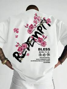 1pc Casual Retro 100% Cotton Unisex T-Shirt, Redemption Cherry Blossom Japanese Text Back Graphic Tee, Travel Streetwear, All Seasons - White - View 1