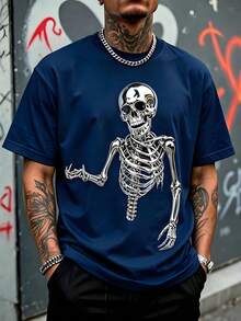 Camiseta de hombre Holgada Estampado Esqueleto Cromado 3D Efecto Metalizado, Camiseta Manga Corta Estilo Gótico Punk Streetwear,moda para el verano. - Azul Marino - Ver 7