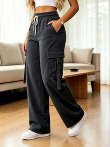 Women's New Solid Color Woven Fabric Drawstring Long Pants, Suitable For Daily, Home, Office, Spring, Summer, Autumn Wear - Dark Grey - View 3