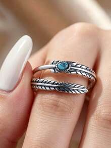 Vintage 925 Sterling Silver Oval Green Turquoise Feather Adjustable Ring, Gift For Her - Antique Silver - View 2