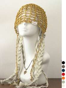 1pc Handmade Beaded Knit Hat, Women's Retro Hollow For Photo Shooting, Boho Chic Headwear, Pure Handmade Beaded Knit Hat, Women's Fashionable Retro , Hollow Out Beaded Tassel Headwrap, Summer Thin Breathable Face-Slimming Beanie - White Label Silver Beads Wide Pattern - View 1