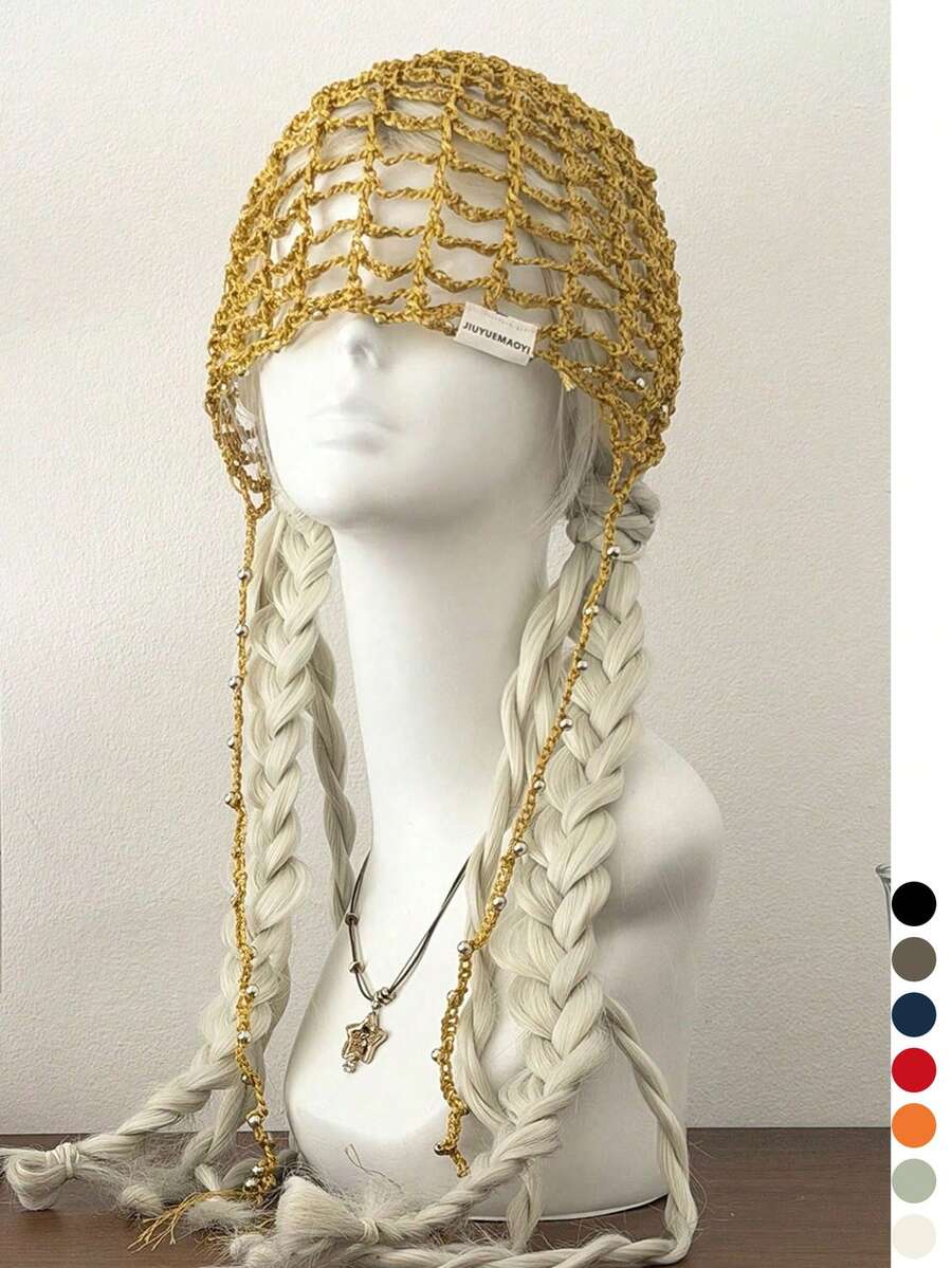 1pc Handmade Beaded Knit Hat, Women's Retro Hollow For Photo Shooting, Boho Chic Headwear, Pure Handmade Beaded Knit Hat, Women's Fashionable Retro , Hollow Out Beaded Tassel Headwrap, Summer Thin Breathable Face-Slimming Beanie - White Label Silver Beads Wide Pattern - View 1